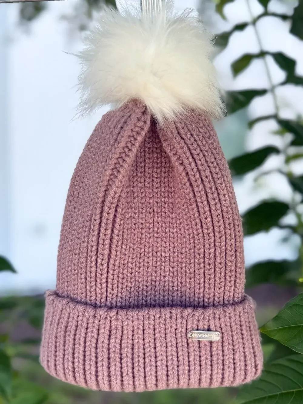 Steve Madden Women’s Knit Beanie Dusty Rose Pink Faux Fur Pom Pom Hat